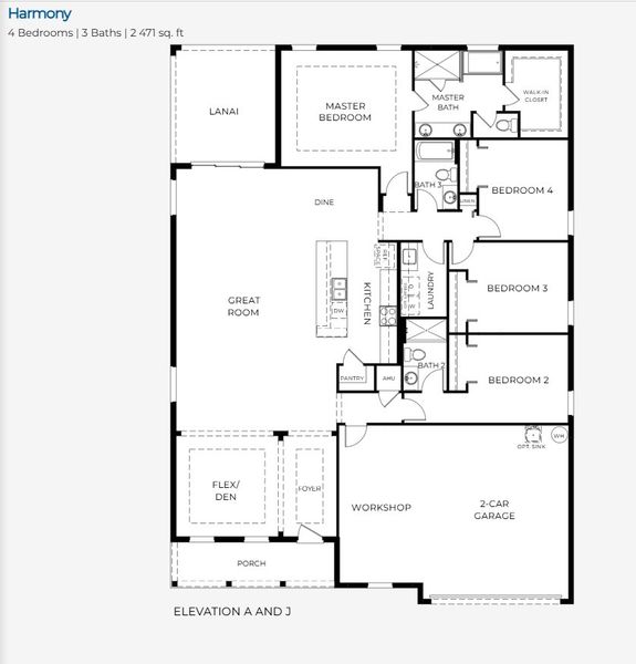 2D floor plan layout for the Harmony by Maronda Homes in The Reserve At Hammock Oaks, Lady Lake, FL (Image 3).