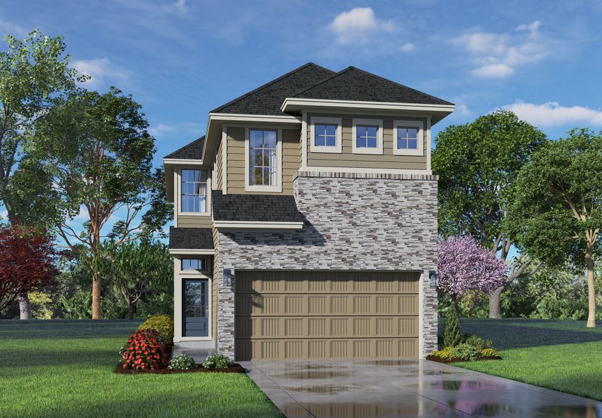 Front exterior of a new home in Meridiana, Manvel, TX, highlighting curb appeal (Image 23).