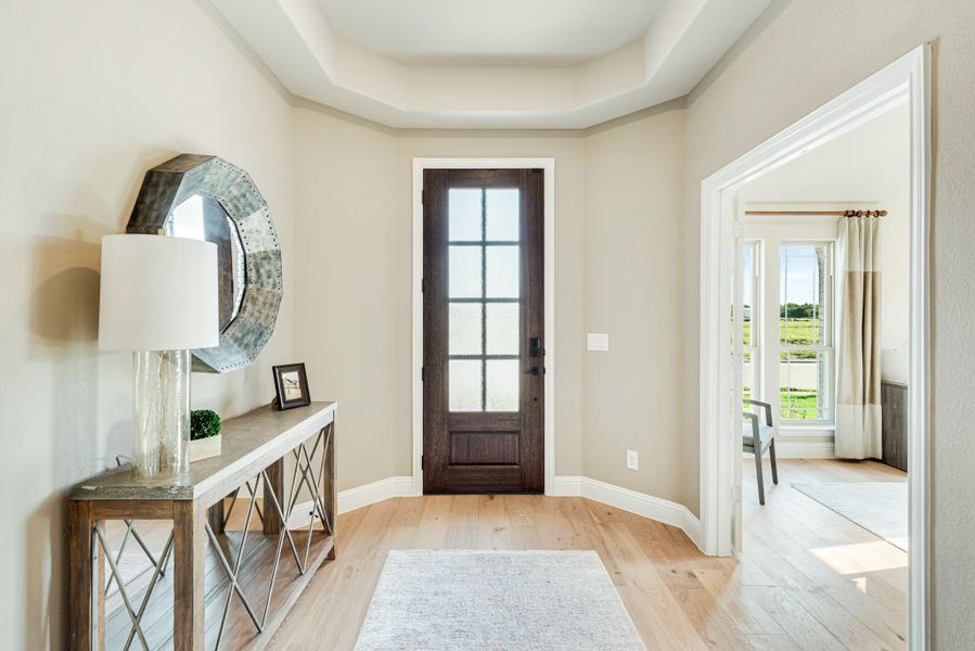 Home entryway with dark wood front door, tray ceiling, hardwood floors, and console table with mirror