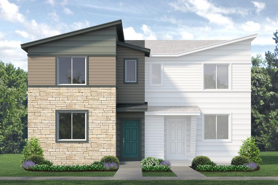 Representative exterior photo of a completed home built from the Acadia by Risewell Homes in Pintail Commons at Johnstown Village, Johnstown, CO (Image 9). Representative exterior photo of a completed home built from the Acadia by Risewell Homes in Pintail Commons at Johnstown Village, Johnstown, CO (Image 9).