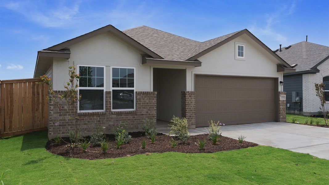 Front exterior of a new home in Briarwood, Elgin, TX, highlighting curb appeal (Image 2). Front exterior of a new home in Briarwood, Elgin, TX, highlighting curb appeal (Image 2).