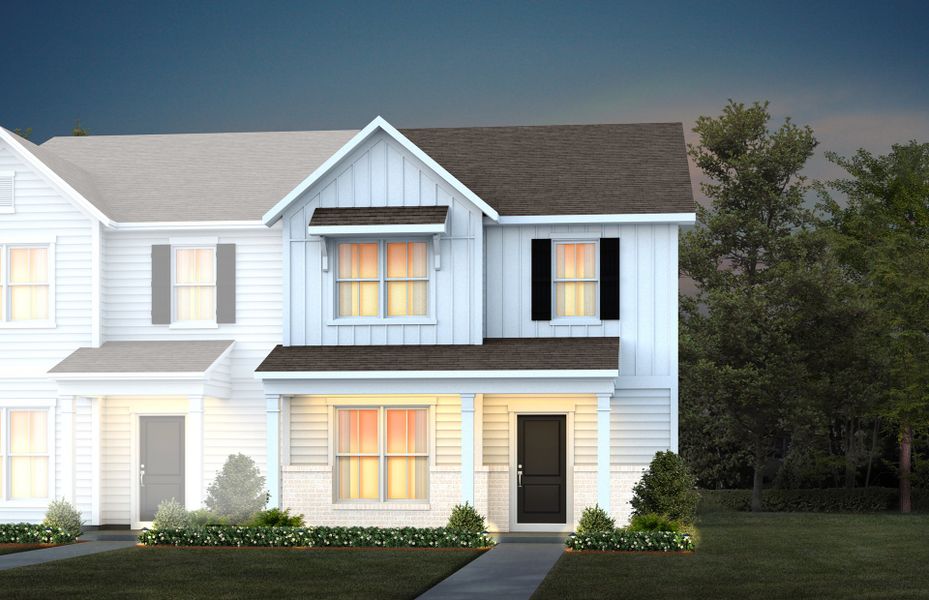 Front exterior of a new home in Exchange at 401, Raleigh, NC, highlighting curb appeal (Image 2). Front exterior of a new home in Exchange at 401, Raleigh, NC, highlighting curb appeal (Image 2).