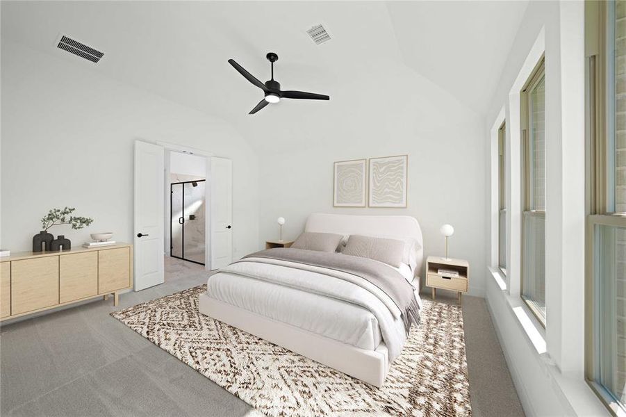 Bedroom featuring vaulted ceiling, carpet floors, and ceiling fan Bedroom featuring vaulted ceiling, carpet floors, and ceiling fan