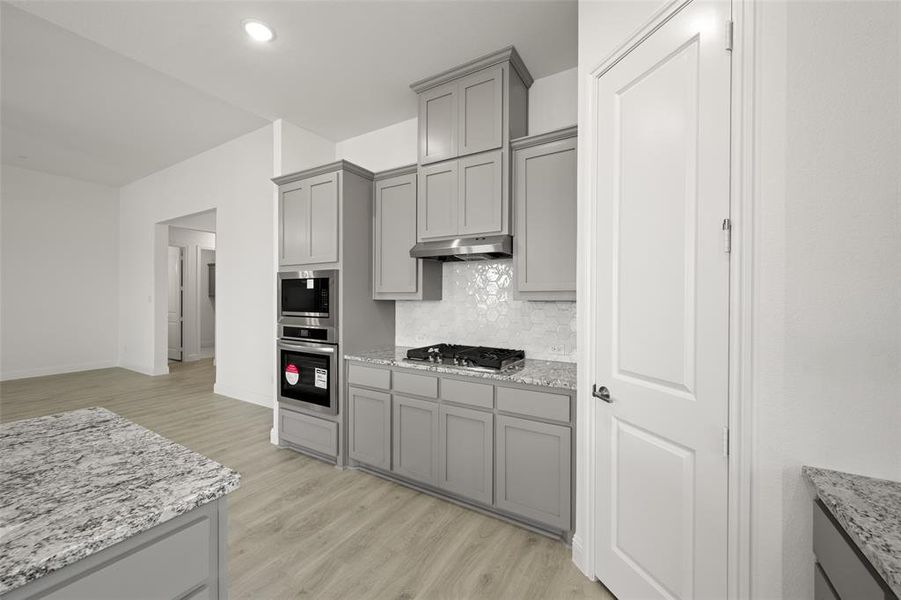 Kitchen with gray cabinetry, stainless steel appliances, under cabinet range hood, decorative backsplash, and light wood-style floors Kitchen with gray cabinetry, stainless steel appliances, under cabinet range hood, decorative backsplash, and light wood-style floors