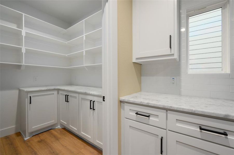 View of pantry with counters and lots of electric plugs!