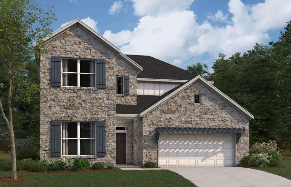 Front exterior of a new home in Edgewood, Leander, TX, highlighting curb appeal (Image 1). Front exterior of a new home in Edgewood, Leander, TX, highlighting curb appeal (Image 1).