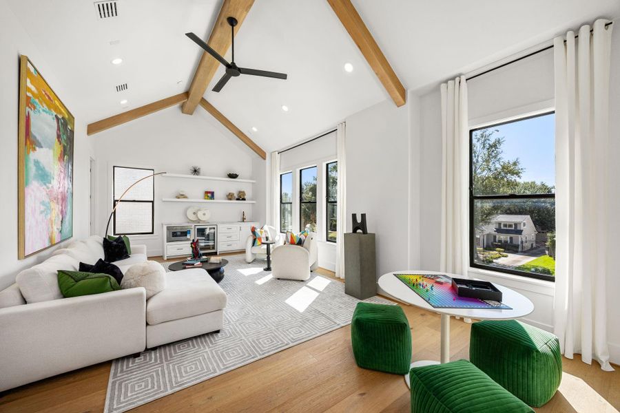 2nd Floor Game Room is fully loaded w/ wet bar/snack bar including a beverage fridge, built-in drawer microwave & floating shelves. 2nd Floor Game Room is fully loaded w/ wet bar/snack bar including a beverage fridge, built-in drawer microwave & floating shelves.