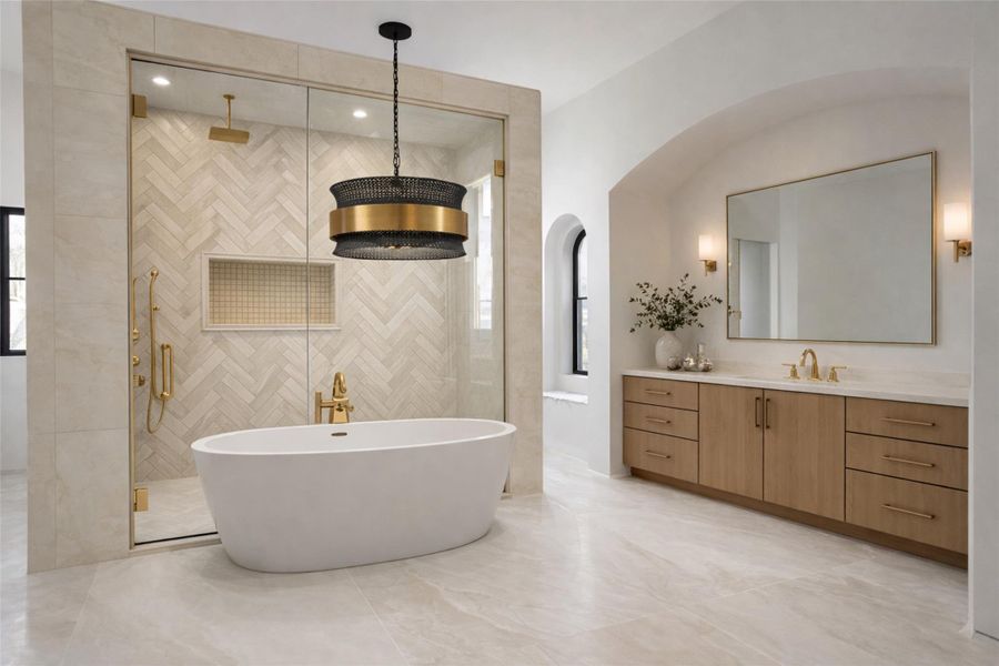 Full bath featuring vanity, tile walls, a shower stall, and a freestanding tub