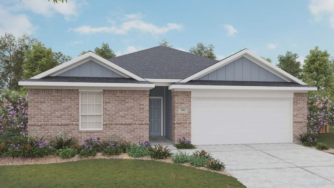 Front exterior of a new home in Sky Ridge, San Marcos, TX, highlighting curb appeal (Image 1). Front exterior of a new home in Sky Ridge, San Marcos, TX, highlighting curb appeal (Image 1).