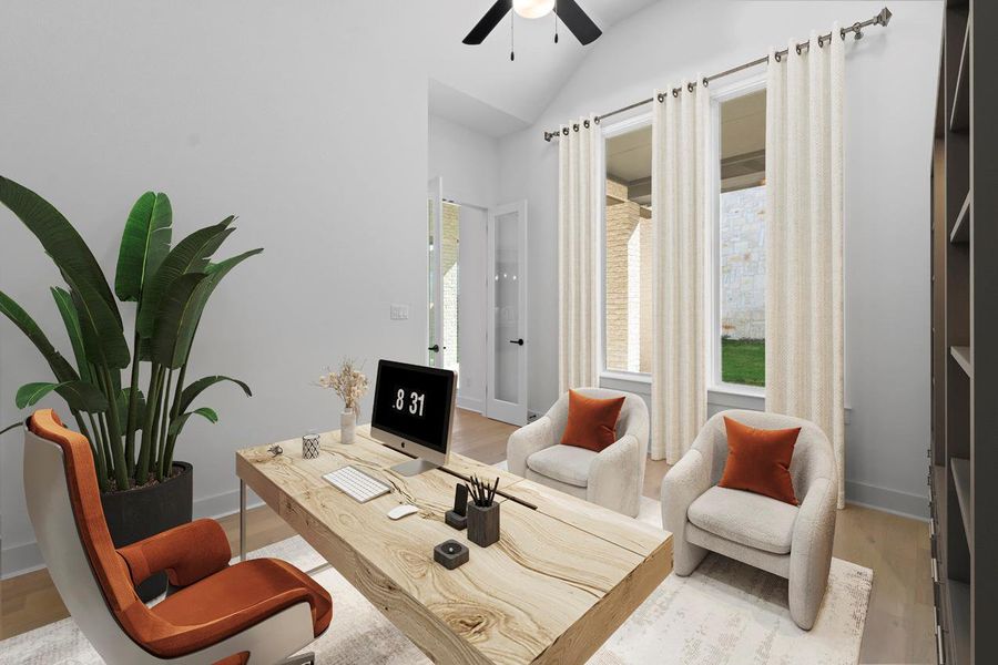 Home office with light wood-style floors, lofted ceiling, and ceiling fan Home office with light wood-style floors, lofted ceiling, and ceiling fan
