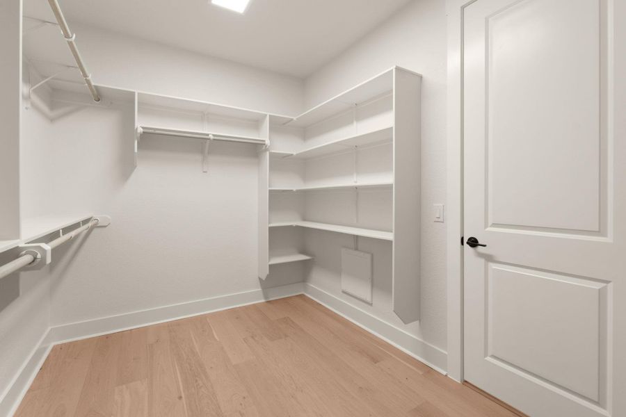 Walk in closet with light wood-style flooring