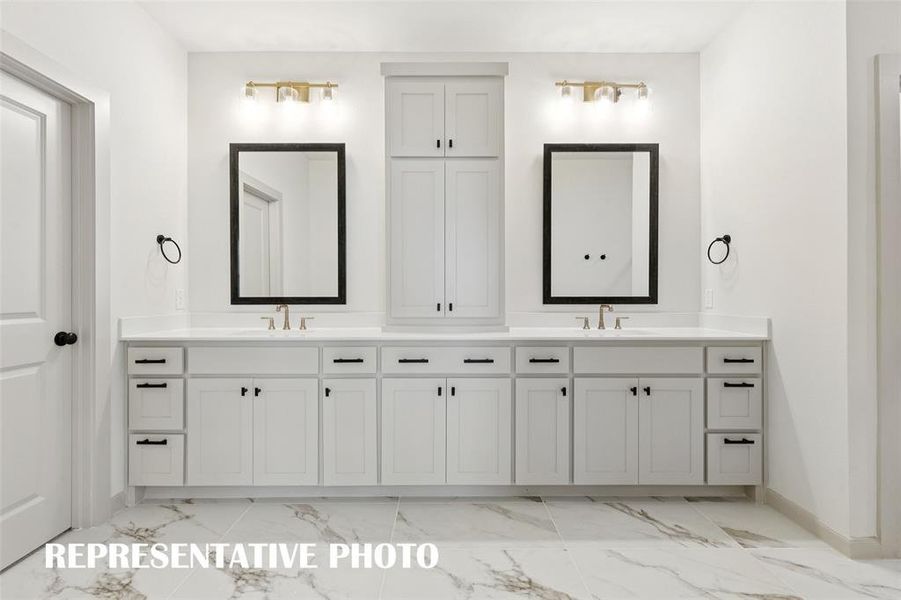 The thoughtful design of this owner's bath offers wonderful storage and plenty of room for two!  REPRESENTATIVE PHOTO