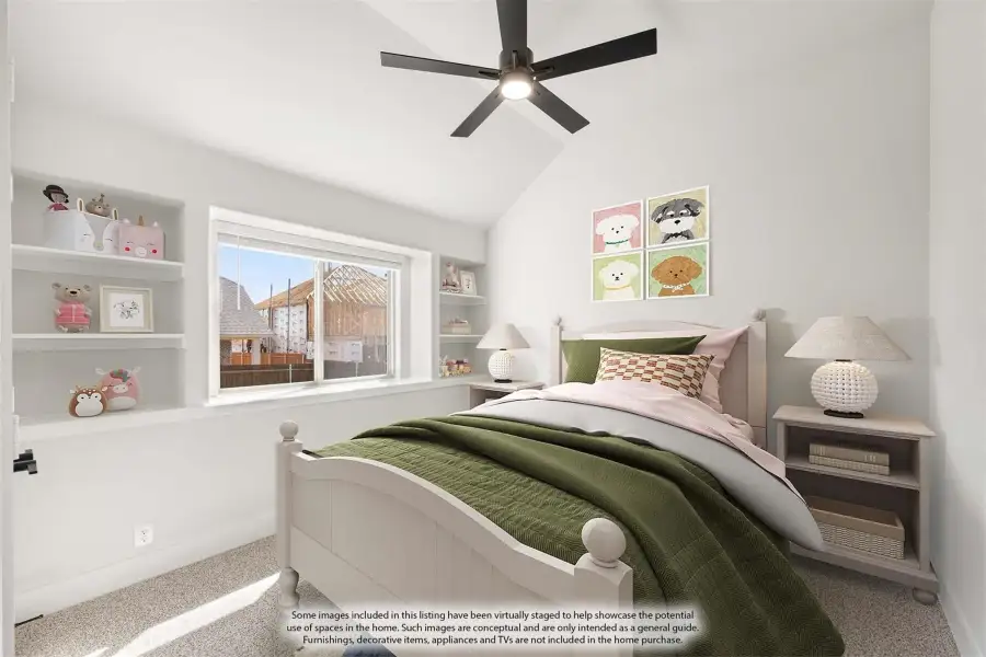 Child's bedroom with vaulted ceiling, built-in shelves, ceiling fan, and single bed with green bedding