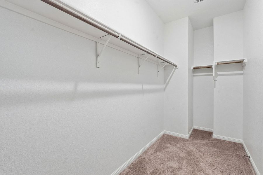 Ample storage solutions await in this naturally illuminated walk-in closet with plush carpeting. Ample storage solutions await in this naturally illuminated walk-in closet with plush carpeting.