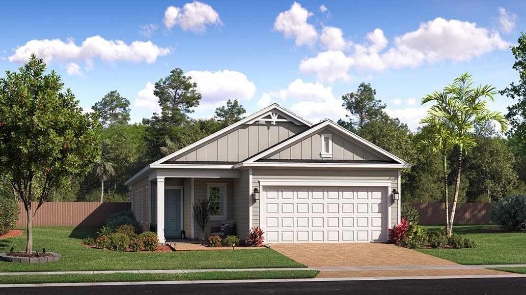 Front exterior of a new home in Silver Falls Single Family at SilverLeaf, St. Augustine, FL, highlighting curb appeal (Image 1). Front exterior of a new home in Silver Falls Single Family at SilverLeaf, St. Augustine, FL, highlighting curb appeal (Image 1).