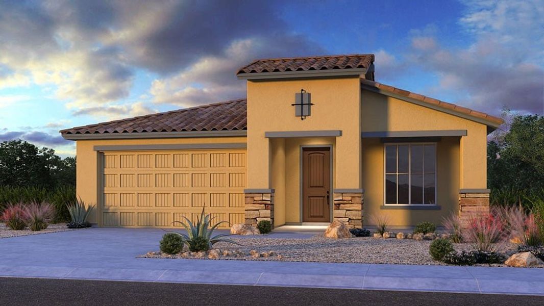 Front exterior of a new home in Stonehaven, Glendale, AZ, highlighting curb appeal (Image 1). Front exterior of a new home in Stonehaven, Glendale, AZ, highlighting curb appeal (Image 1).