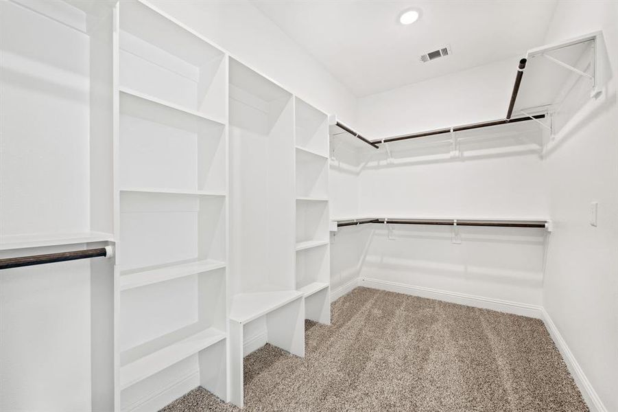 Walk in closet featuring light colored carpet