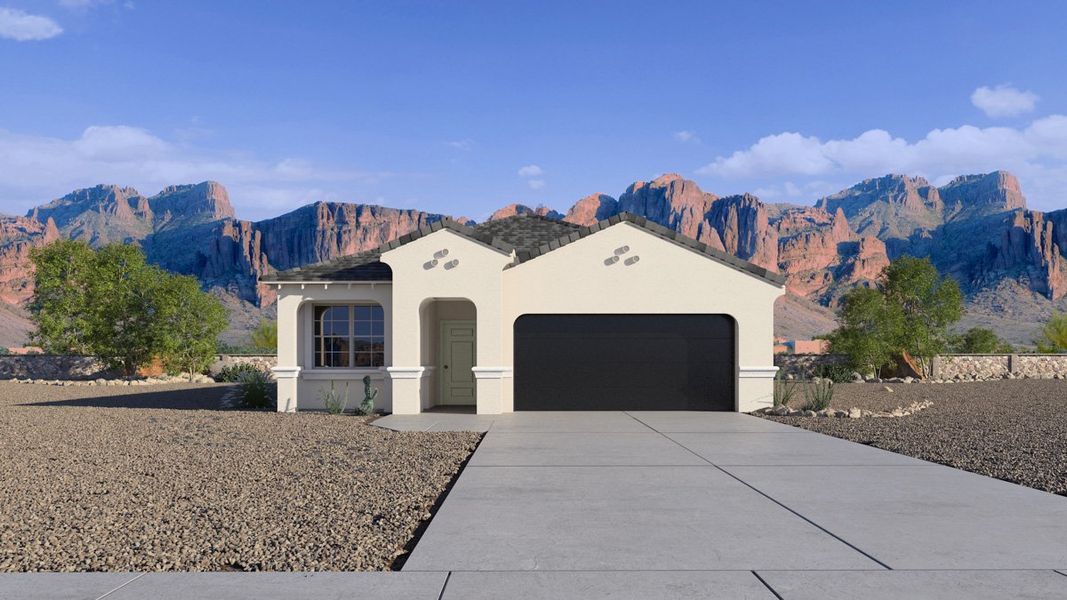Front exterior of a new home in Sorrento, Maricopa, AZ, highlighting curb appeal (Image 1). Front exterior of a new home in Sorrento, Maricopa, AZ, highlighting curb appeal (Image 1).