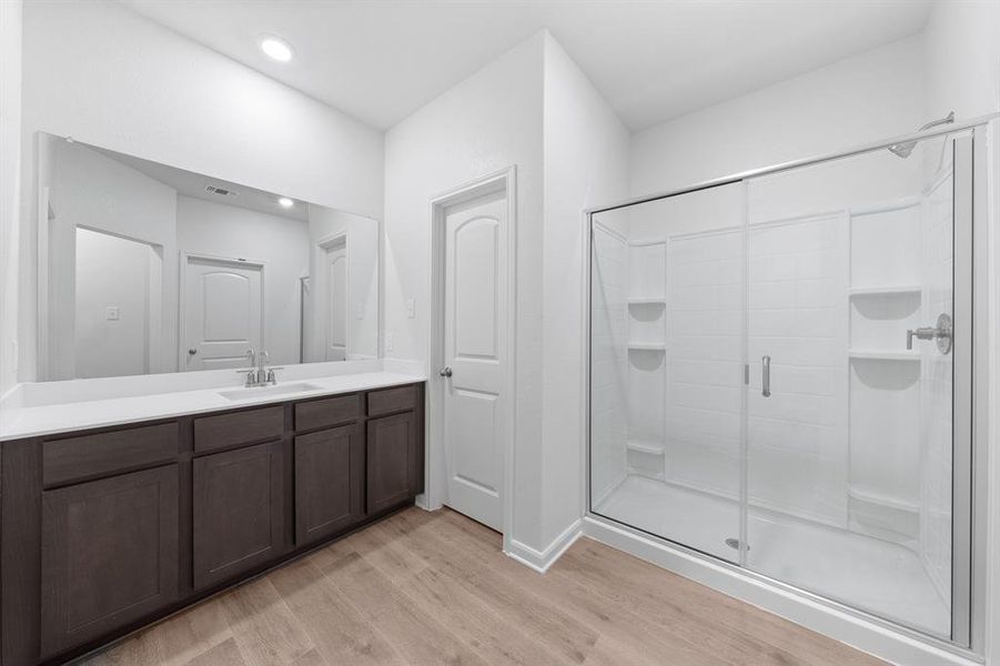 Bathroom featuring a shower with door, wood-style flooring, and vanity