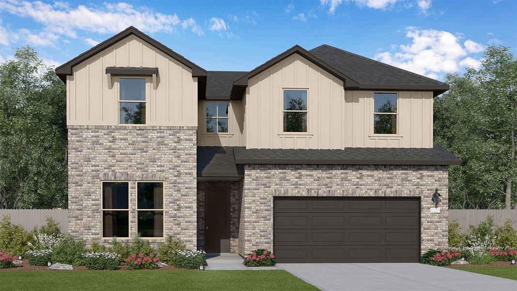 Representative exterior photo of a completed home built from the Kennedy by New Home Co. in The Residences Collection at Oakberry Trails, Waller, TX (Image 1). Representative exterior photo of a completed home built from the Kennedy by New Home Co. in The Residences Collection at Oakberry Trails, Waller, TX (Image 1).