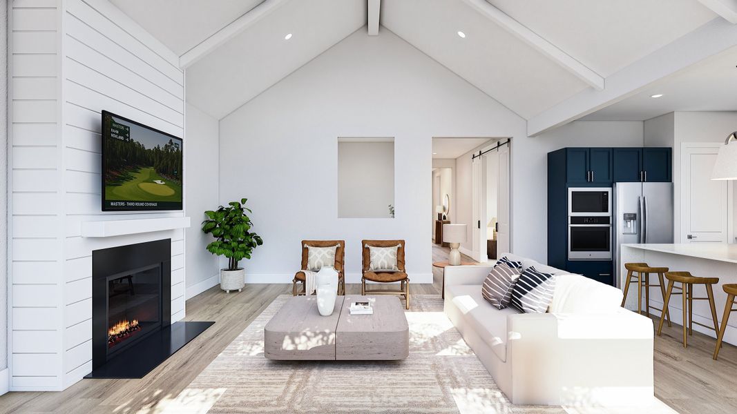 Great Room with Shiplap Fireplace and White Painted Beams Great Room with Shiplap Fireplace and White Painted Beams