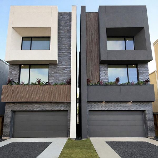 Gorgeous exterior with custom obsidian brick and handcrafted stucco finish with rich colors and artisanal texture.