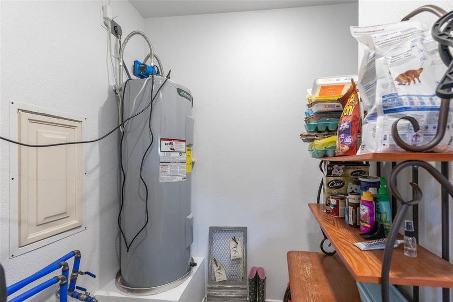 Dedicated utility space featuring a water heater, white painted walls, and a wall access panel Dedicated utility space featuring a water heater, white painted walls, and a wall access panel