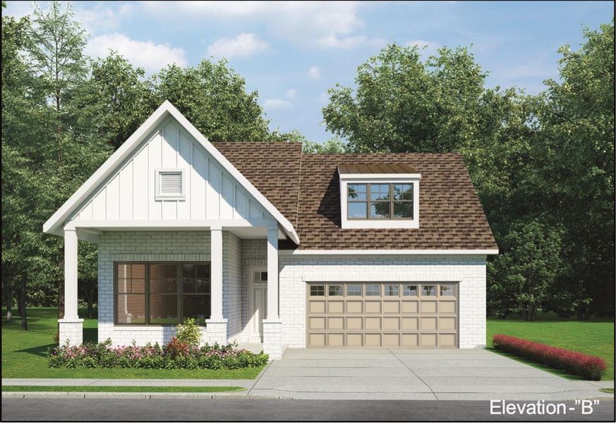 View of front of property with brick siding, concrete driveway, a front yard, and a shingled roof