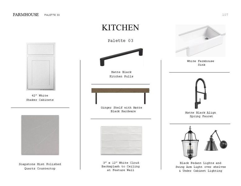 Farmhouse Look Palette 3: Kitchen Selection Sheet (*Artist rendering used for illustration purposes only.)