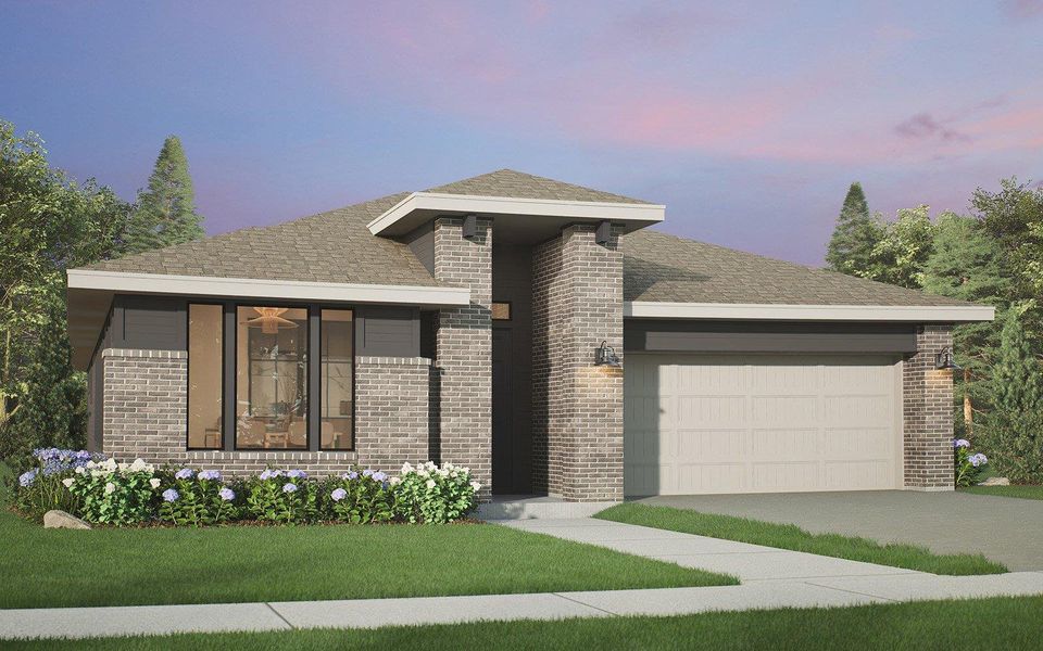 Modern brick and siding facade with a welcoming front entrance and attached garage. Modern brick and siding facade with a welcoming front entrance and attached garage.