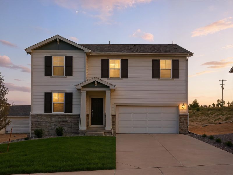 Front exterior of a new home in Revere at Johnstown, Johnstown, CO, highlighting curb appeal (Image 1). Front exterior of a new home in Revere at Johnstown, Johnstown, CO, highlighting curb appeal (Image 1).