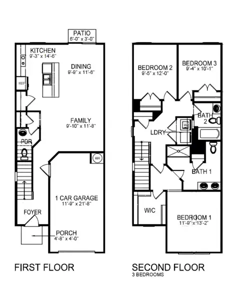 2D floor plan layout for the Newton by D.R. Horton in Brookside Ridge Townhomes, Greer, SC (Image 3).