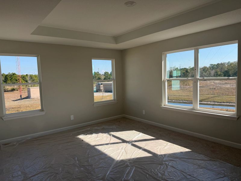 Stunning primary suite features a tray ceiling and several expansive windows Stunning primary suite features a tray ceiling and several expansive windows