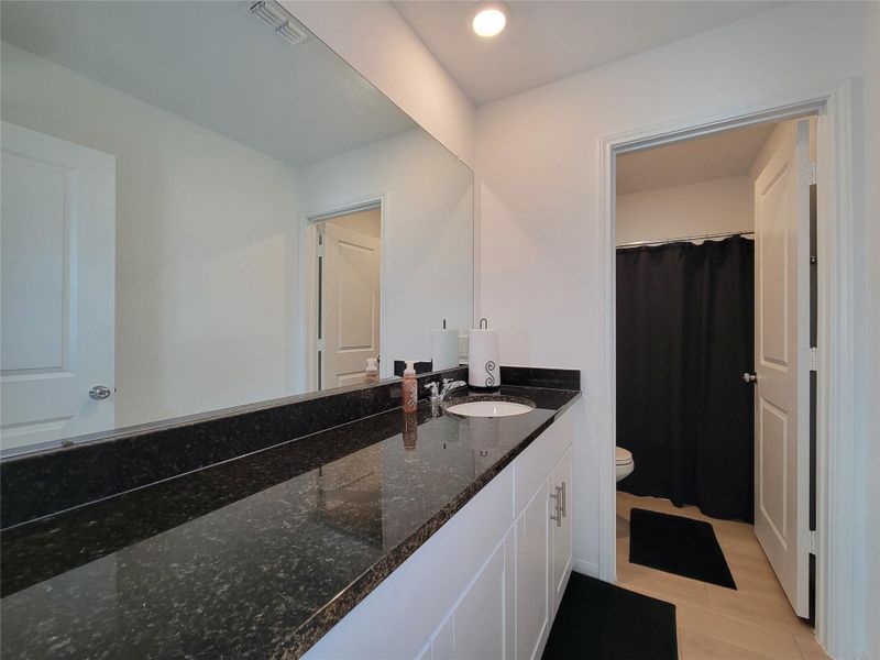 This bathroom features a sleek design with a wide black granite countertop, a large mirror, and white cabinetry. It includes a single sink and access to a shower.