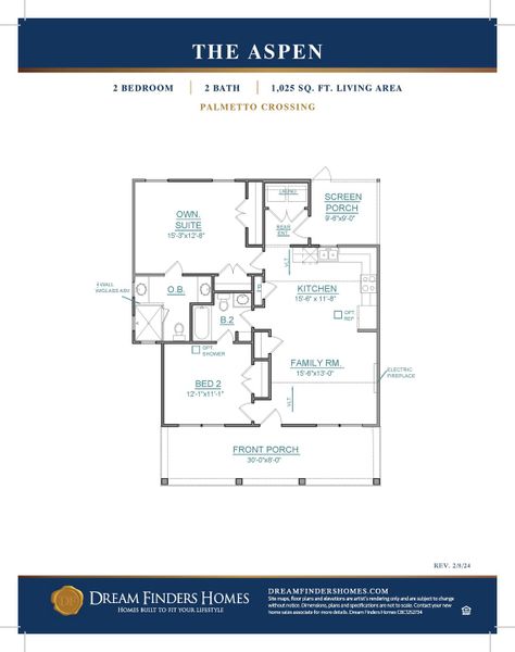 2D floor plan layout for the Aspen - Single Family Homes by Dream Finders Homes in Palmetto Crossing, Greenwood, SC (Image 3).