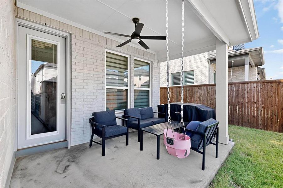 View of patio with ceiling fan and an outdoor hangout area View of patio with ceiling fan and an outdoor hangout area