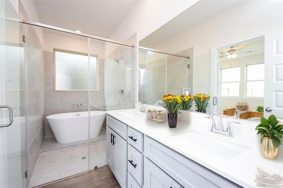 This well-appointed bathroom with sleek cabinetry and expansive countertop space. This well-appointed bathroom with sleek cabinetry and expansive countertop space.