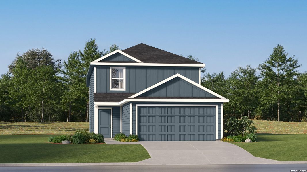 Front exterior of a new home in Tres Laurels, San Antonio, TX, highlighting curb appeal (Image 20).