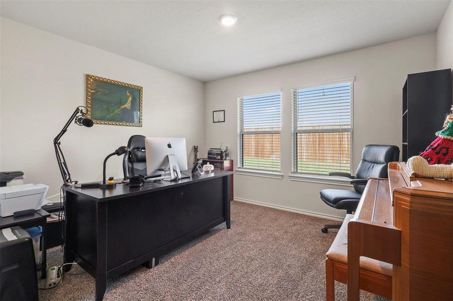 Office with dark carpet and baseboards