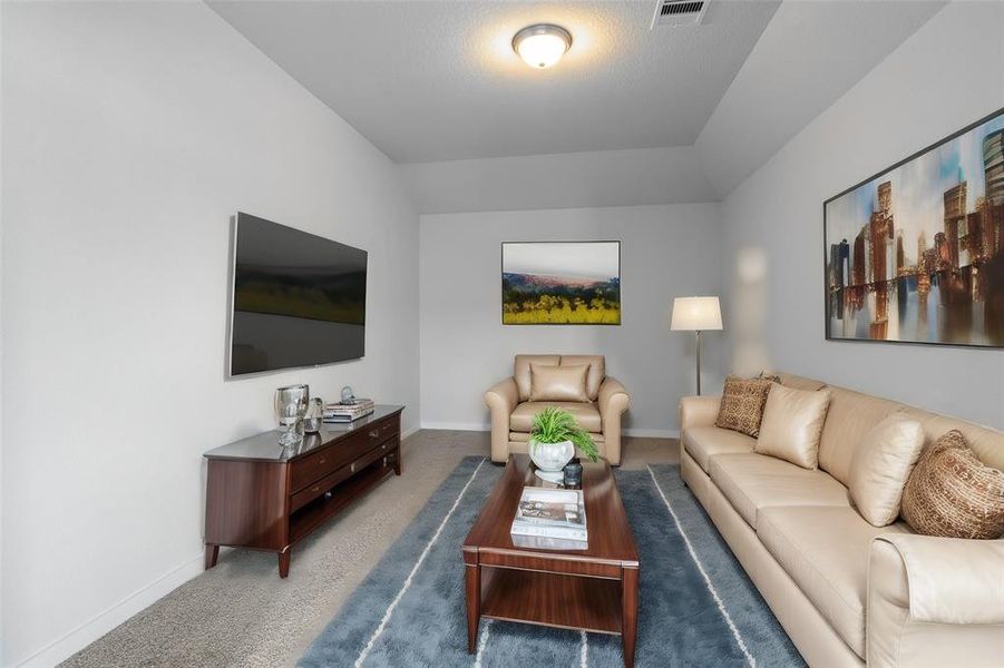 Grab the popcorn, put on a movie, and enjoy a wonderful evening in your amazing media room! Featuring plush carpet, custom paint, custom lighting makes this the perfect room for relaxing!