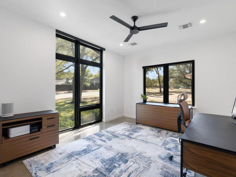 Office featuring ceiling fan and recessed lighting