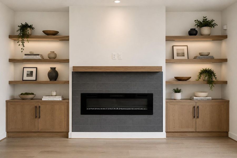 AI Generated: An example of how you could add warm white oak cabinetry paired with the floating shelves to give it a custom-builder look. AI Generated: An example of how you could add warm white oak cabinetry paired with the floating shelves to give it a custom-builder look.