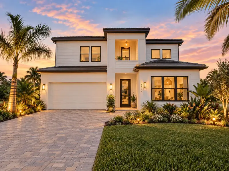 Front exterior of a new home in Grandura, Sarasota, FL, highlighting curb appeal (Image 20).