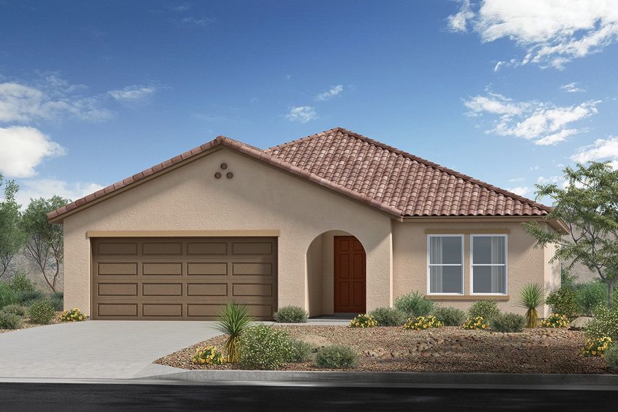 Front exterior of a new home in Entrada Del Pueblo at Rancho Sahuarita, Sahuarita, AZ, highlighting curb appeal (Image 1).