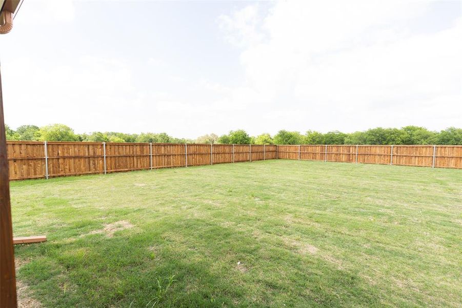 Expansive backyard with a manicured lawn, full perimeter wood privacy fencing, and mature trees in the background