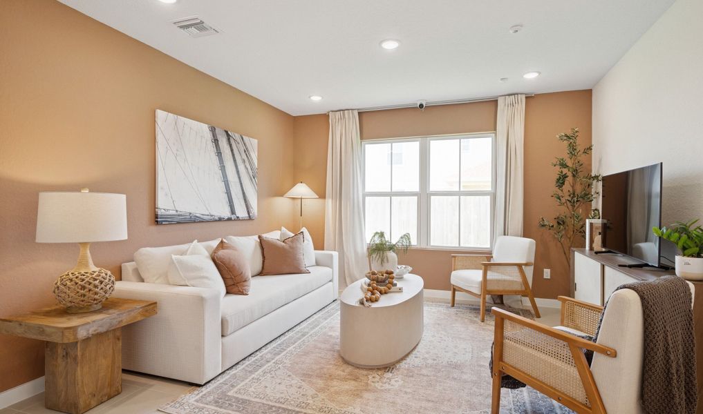 Great room with tile floor