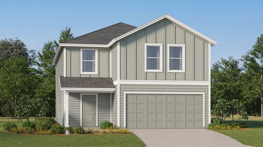 Front exterior of a new home in Hidden Oasis, San Antonio, TX, highlighting curb appeal (Image 1). Front exterior of a new home in Hidden Oasis, San Antonio, TX, highlighting curb appeal (Image 1).