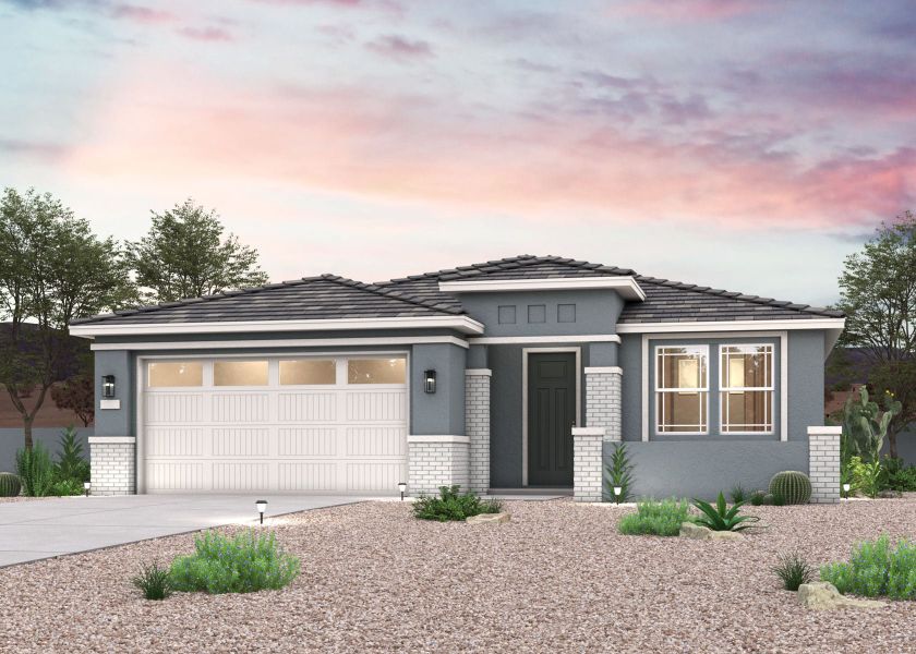 Front exterior of a new home in Teravalis, Buckeye, AZ, highlighting curb appeal (Image 1). Front exterior of a new home in Teravalis, Buckeye, AZ, highlighting curb appeal (Image 1).