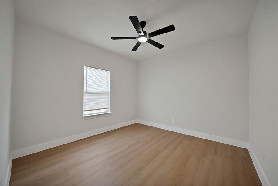 Empty room featuring light wood finished floors and a ceiling fan Empty room featuring light wood finished floors and a ceiling fan