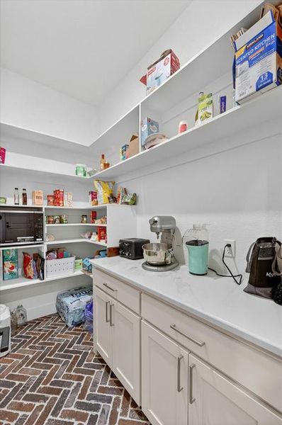Walk-in pantry featuring extensive built-in shelving, white cabinetry with silver-tone hardware, white countertops, and herringbone brick flooring